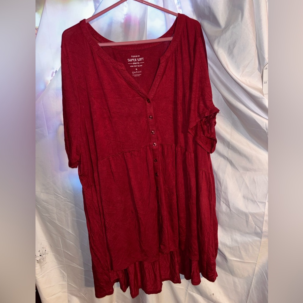 Torrid Plus-Size Button-Front Babydoll Tunic in Deep Red